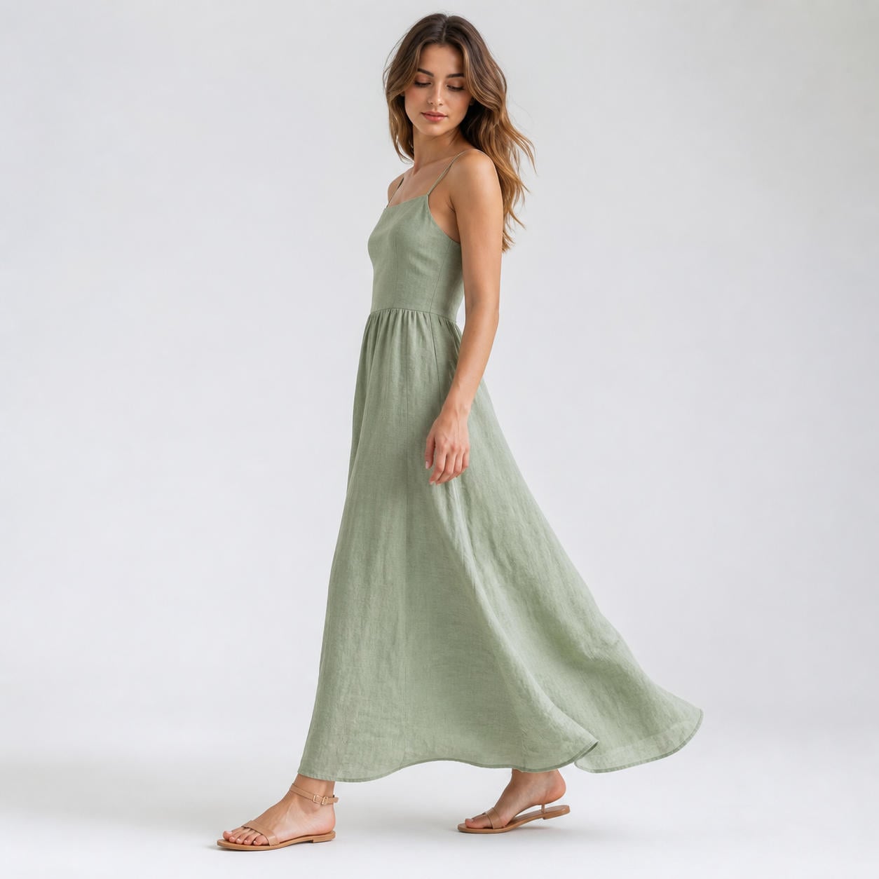 Schlichtes Leinen-Maxi-Sommerkleid mit Spaghettiträgern – Ansicht 3