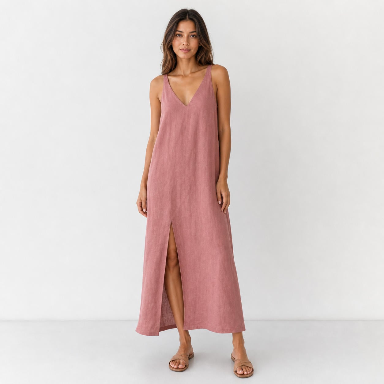 Ärmelloses Sommer-Midikleid mit V-Ausschnitt und Seitenschlitz