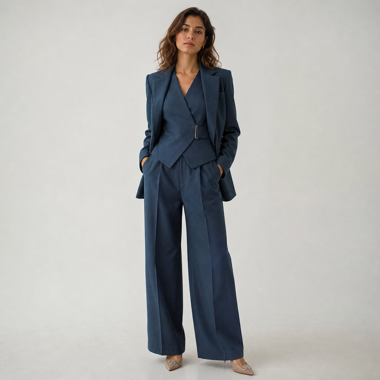 3-teiliges Anzugset aus Blazer, Weste mit Gürtel und weiter Hose