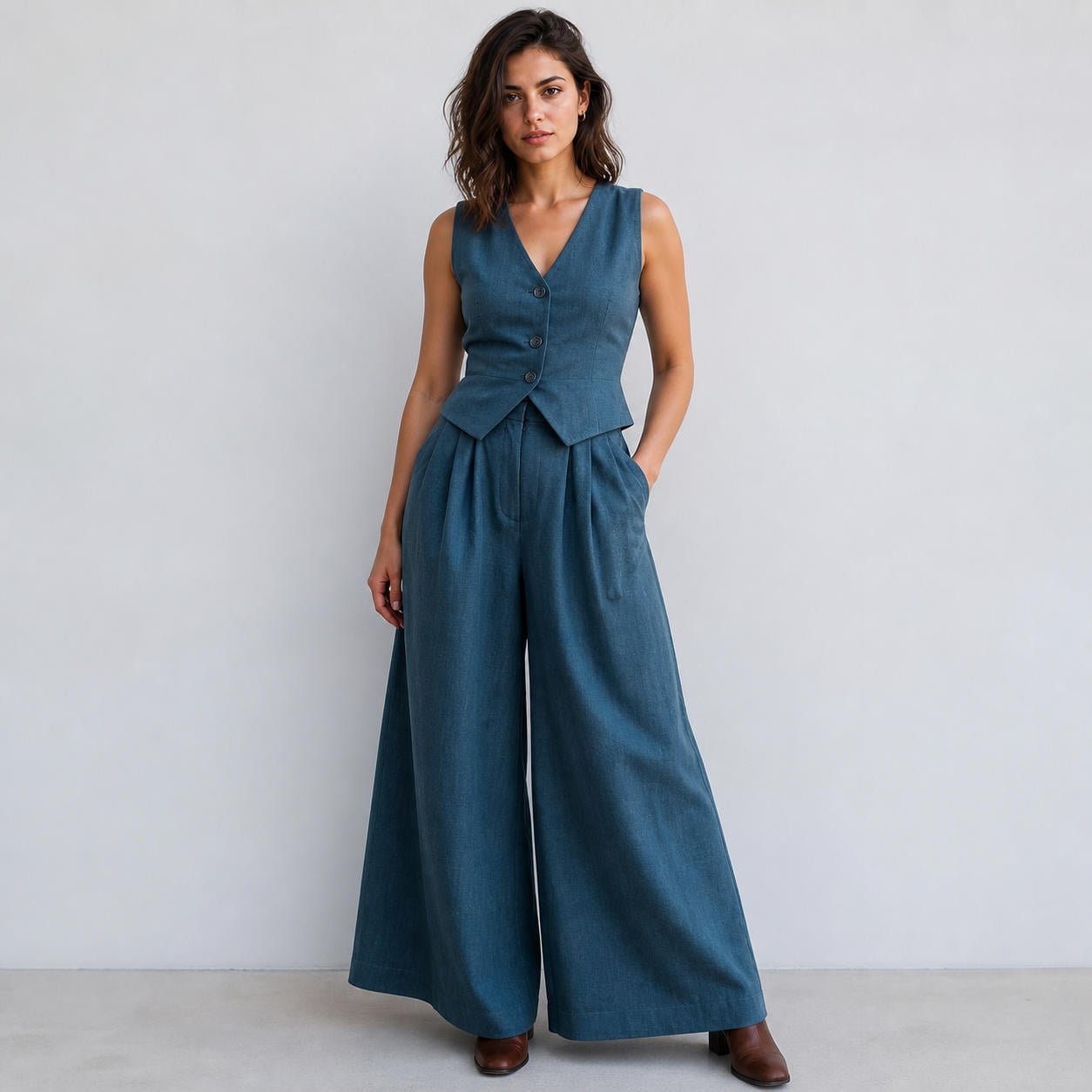 Zweiteiliges Leinen-Outfit aus taillierter Weste und Palazzohose