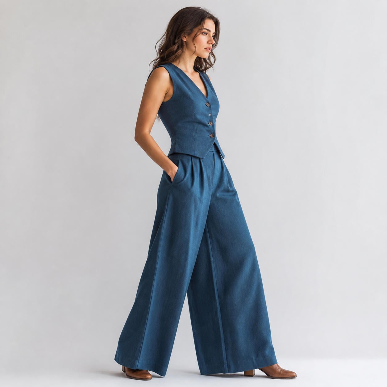Zweiteiliges Leinen-Outfit aus taillierter Weste und Palazzohose – Ansicht 3
