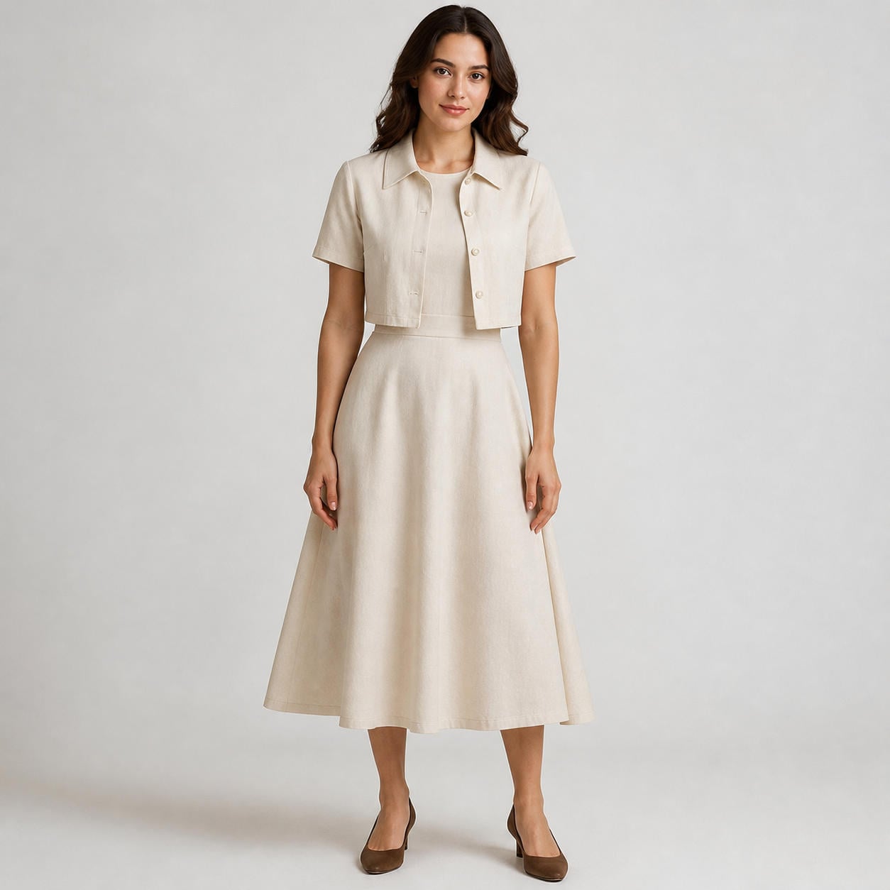 Zweiteiliges Set aus Midikleid in A-Linie und kurzem geknöpftem Oberteil
