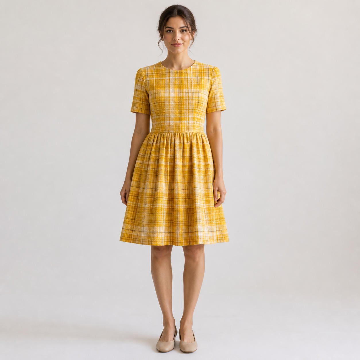 Kariertes Leinenkleid im Vintage-Stil mit kurzen Ärmeln
