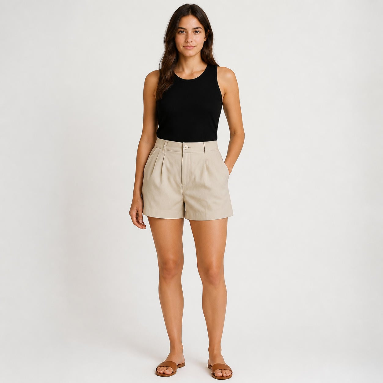 Hoch geschnittene Damen-Leinenshorts mit Bundfalten